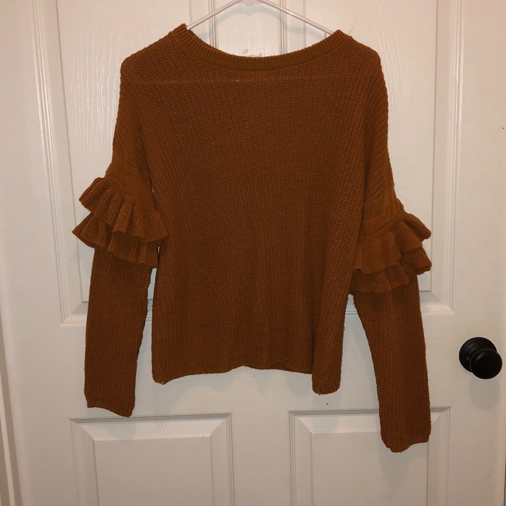 burnt orange/ brown ruffle sleeve sweater